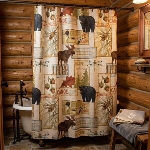 Bacova Lodge Wildlife Shower Curtain Bear Moose Duck Rustic Cabin Decor 69x70